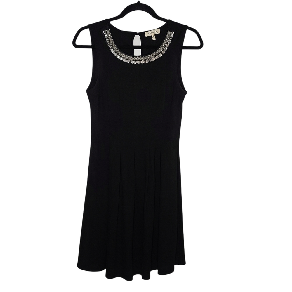 MONTEAU Black Sleeveless Pleated Fit & Flare Mini Dress with Faux pearls Small
